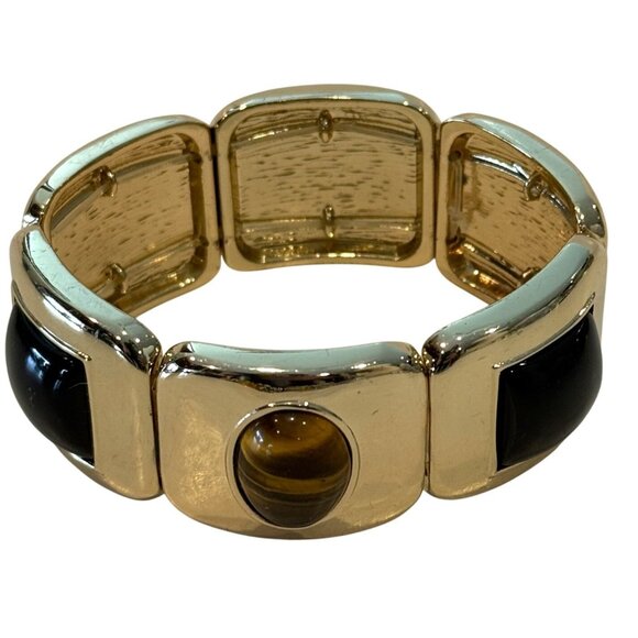 Chico's Gold Tone Tiger's Eye Black Stone ? 1" Wide Stretch Bracelet - Picture 1 of 5